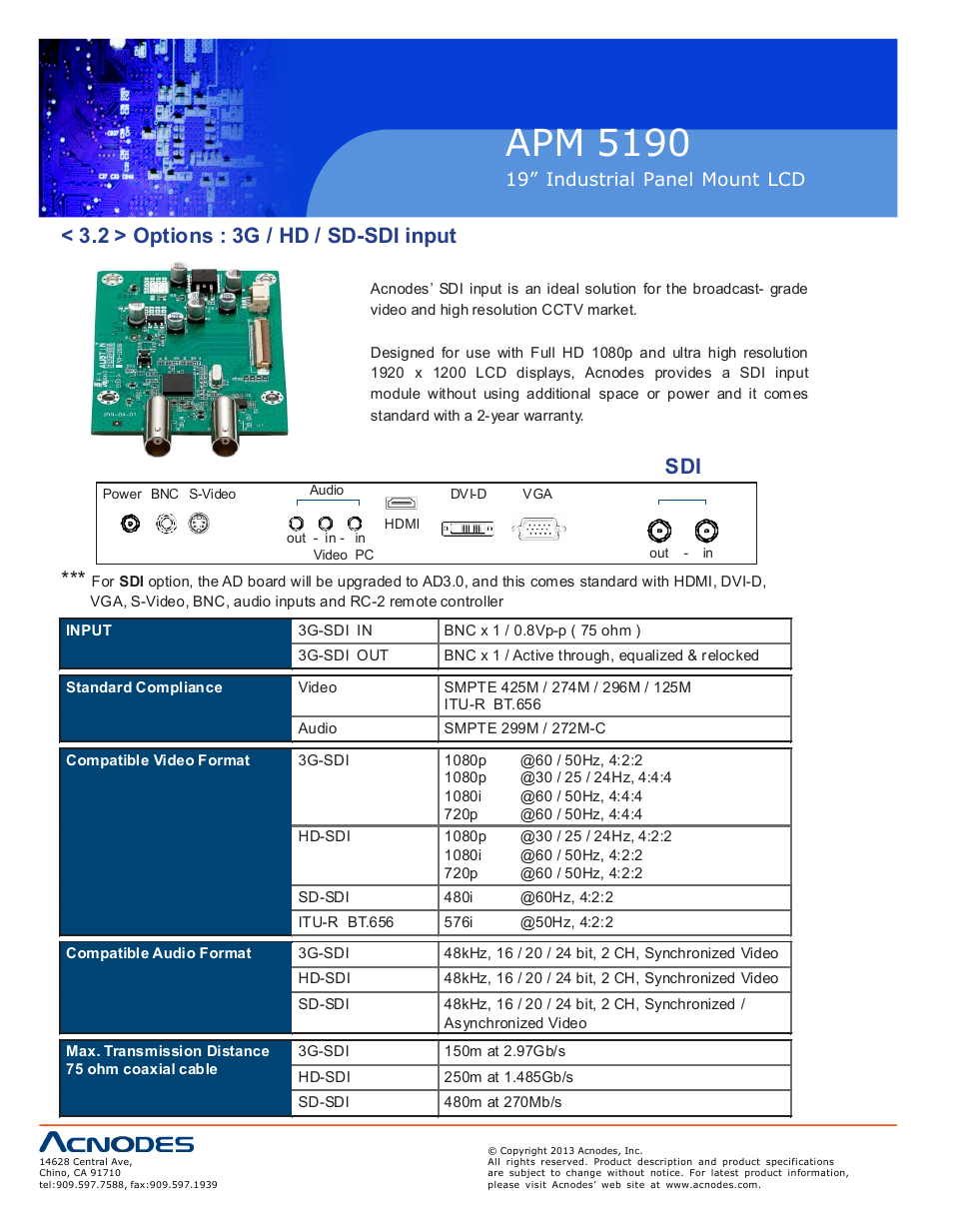 Apm 51 90, 2 > options : 3g / hd / sd-sdi input | Acnodes APM 5190 User Manual | Page 14 / 24