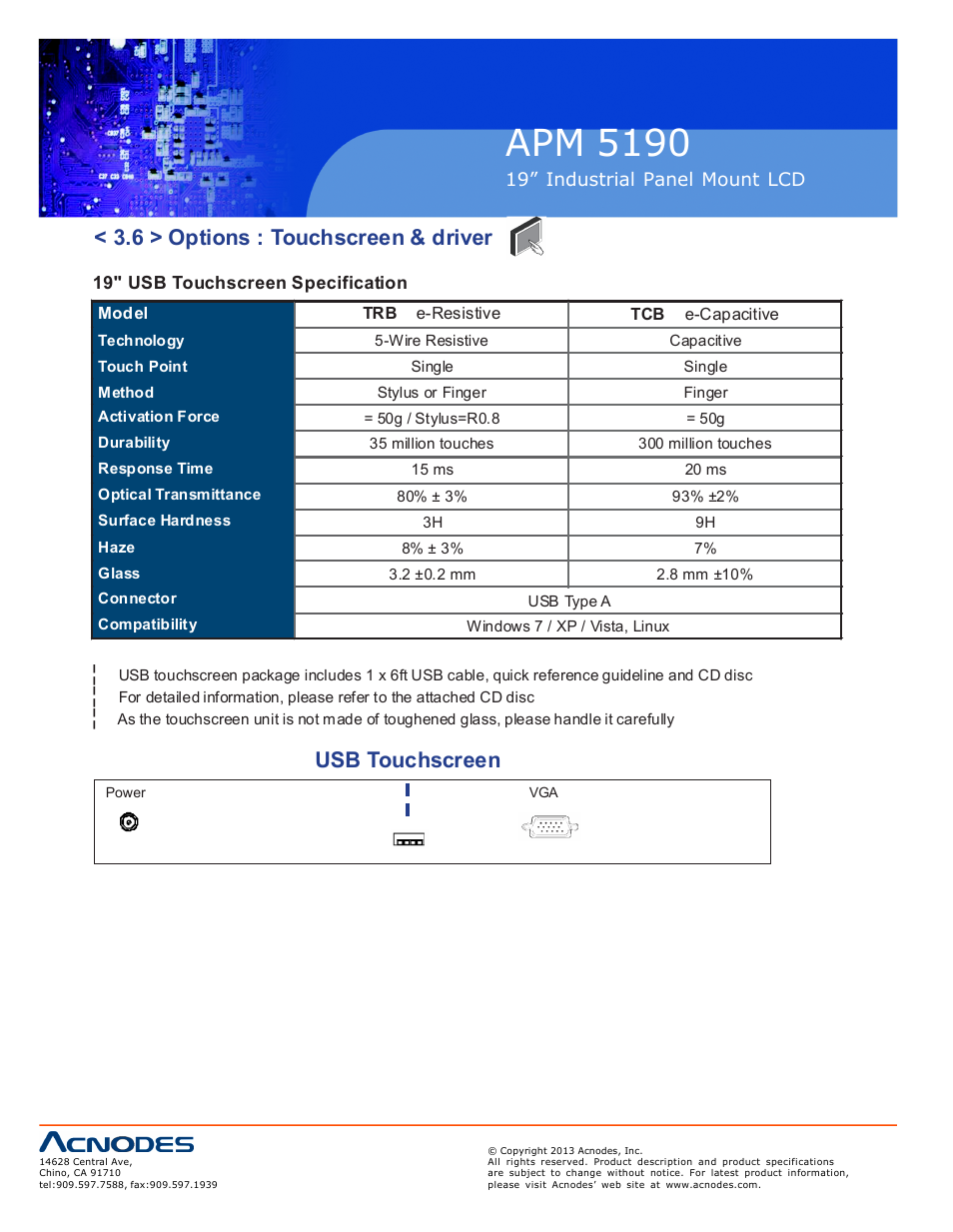 Apm 51 90, 6 > options : touchscreen & driver, Usb touchscreen | Acnodes APM 5190 User Manual | Page 18 / 24