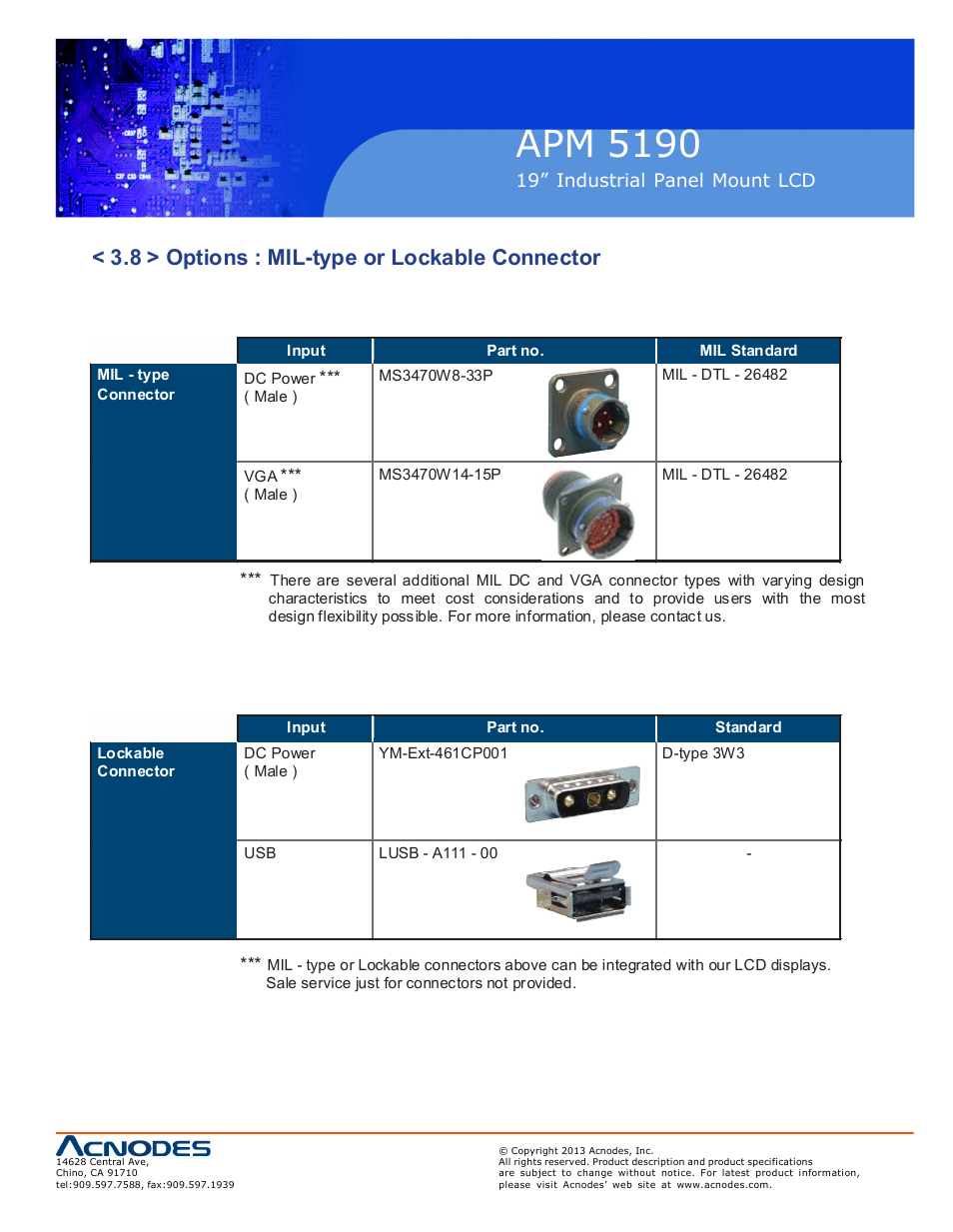 Apm 51 90, 8 > options : mil-type or lockable connector | Acnodes APM 5190 User Manual | Page 21 / 24