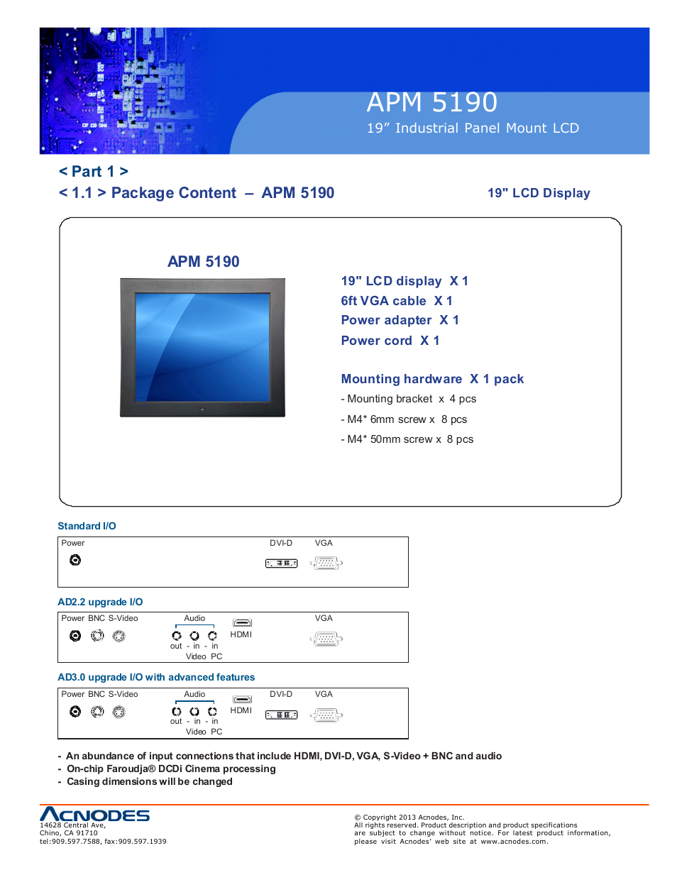 Apm 51 90, Apm 5190, 19” industrial pa nel mount lcd | 19" lcd display | Acnodes APM 5190 User Manual | Page 5 / 24