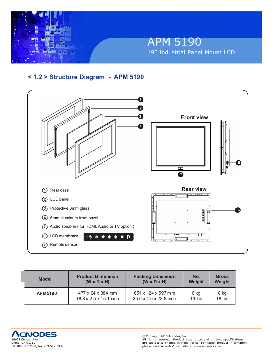 Apm 51 90, Ap-19 nap-19, 19” industrial pa nel mount lcd | Fron t view, Rear view | Acnodes APM 5190 User Manual | Page 6 / 24