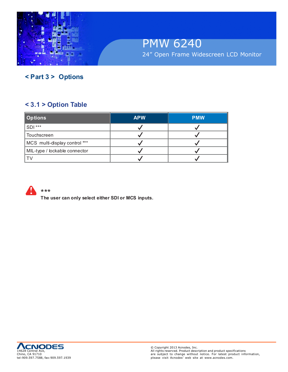 Pmw 6240, Part 3 > options, 1 > option table | Acnodes PMW 6240 User Manual | Page 15 / 20