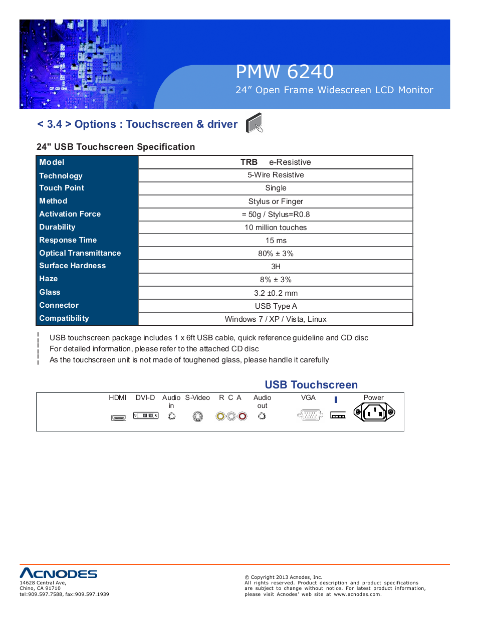 Pmw 6240, 4 > options : touchscreen & driver, Usb touchscreen | Acnodes PMW 6240 User Manual | Page 18 / 20