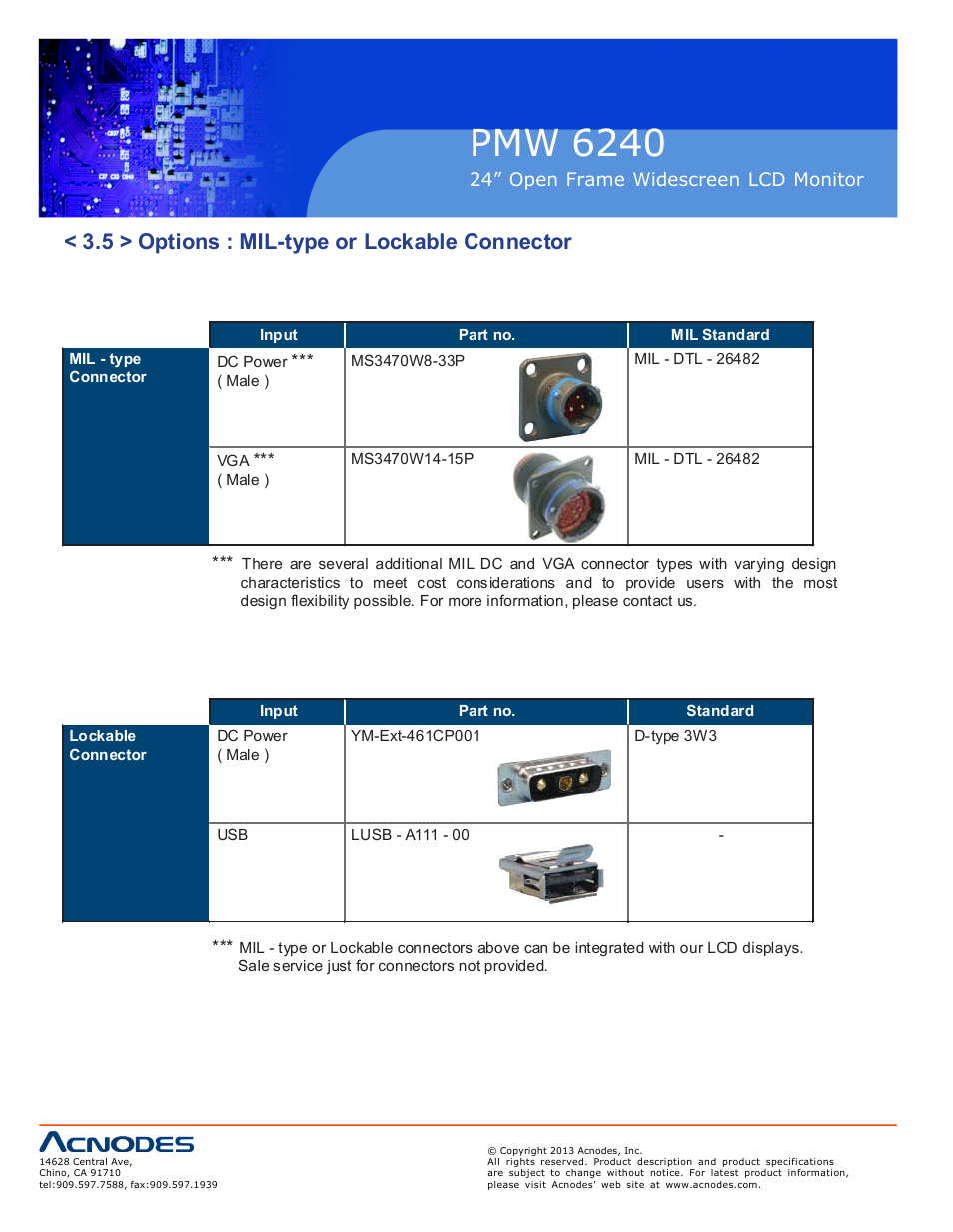 Pmw 6240, 5 > options : mil-type or lockable connector | Acnodes PMW 6240 User Manual | Page 20 / 20