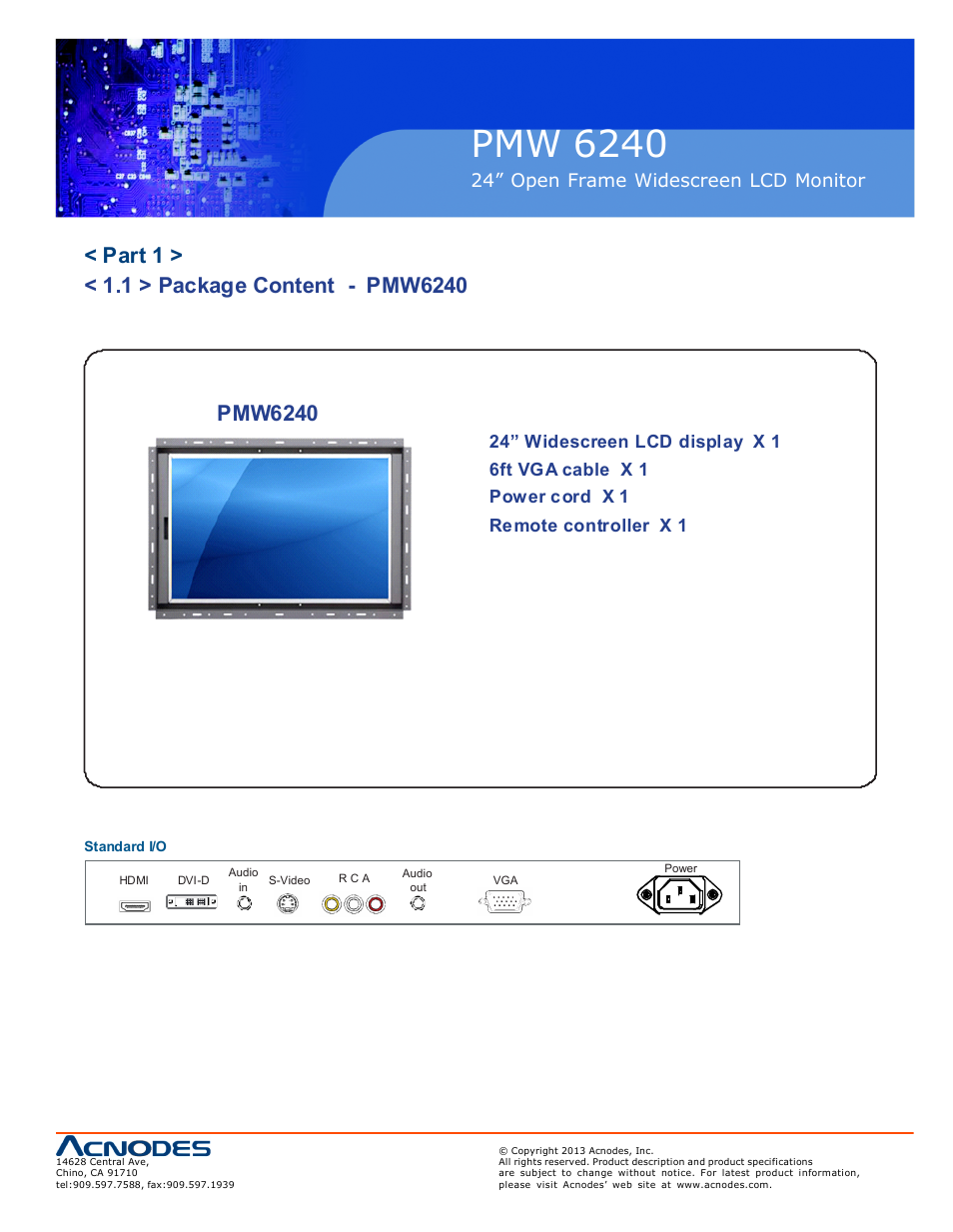 Pmw 6240, 24” open frame widescreen lcd monitor | Acnodes PMW 6240 User Manual | Page 5 / 20