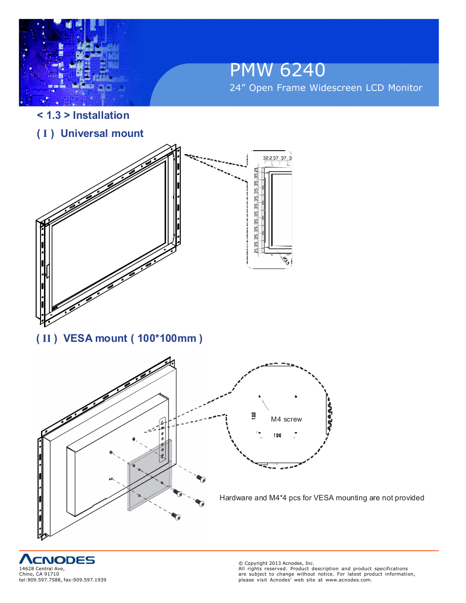 Pmw 6240, 24” open frame widescreen lcd monitor | Acnodes PMW 6240 User Manual | Page 8 / 20