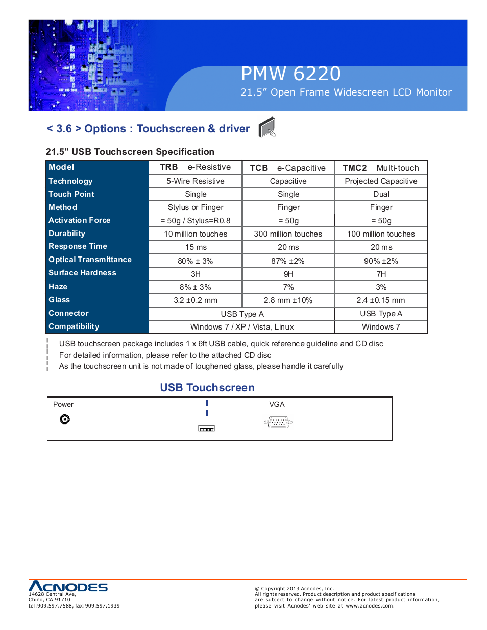 Pmw 6220, 6 > options : touchscreen & driver, Usb touchscreen | Acnodes PMW 6220 User Manual | Page 17 / 23