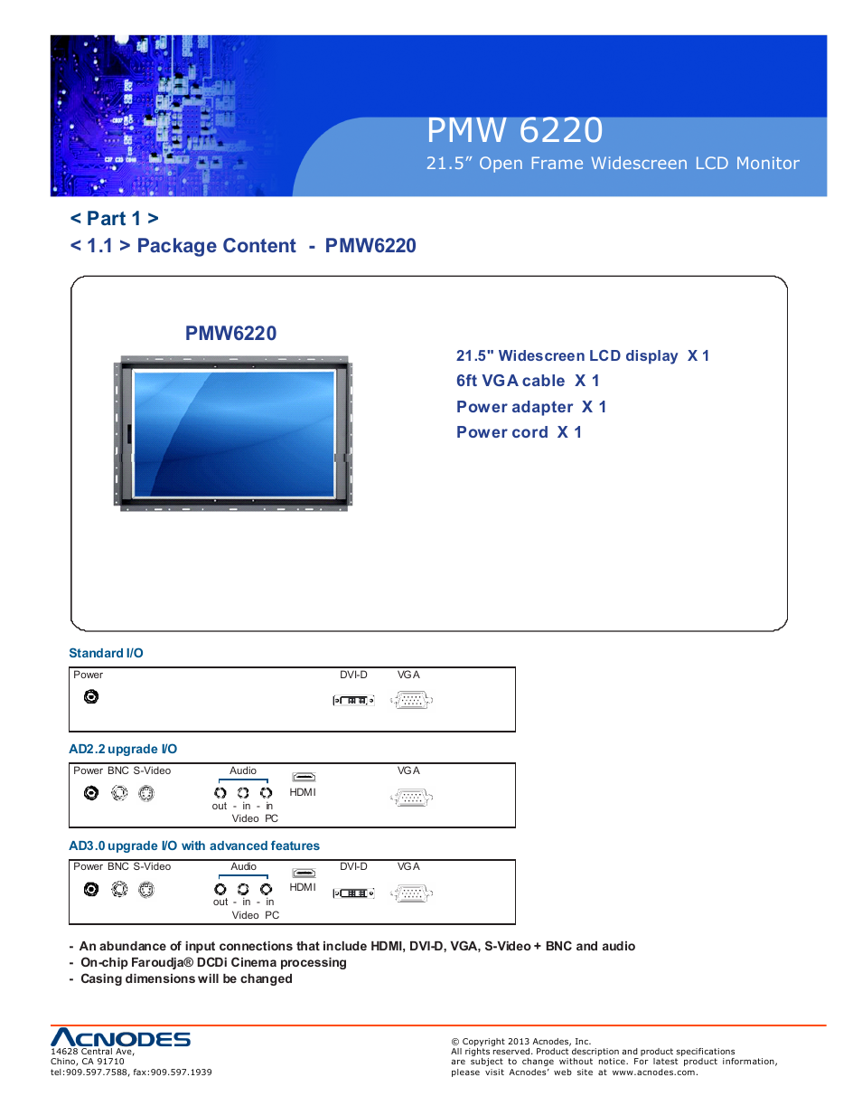 Pmw 6220, 5” open frame widescreen lcd monitor, 6ft vga cable x 1 power adapter x 1 power cord x 1 | Acnodes PMW 6220 User Manual | Page 5 / 23