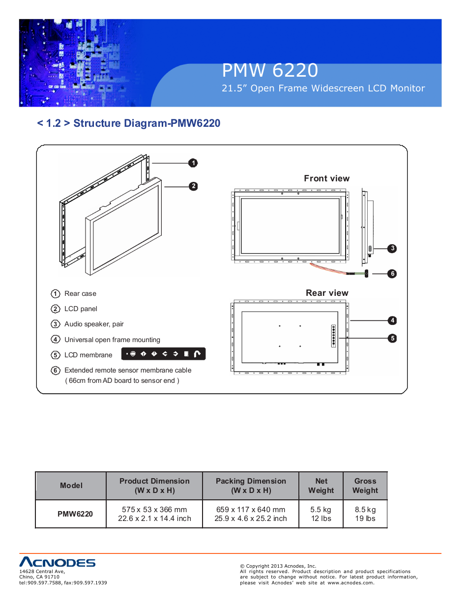 Pmw 6220, Op-f21, 5” open frame widescreen lcd monitor | Front view, Rear view | Acnodes PMW 6220 User Manual | Page 6 / 23