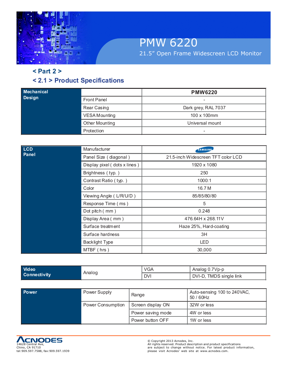 Pmw 6220, Part 2 > < 2.1 > product specifications | Acnodes PMW 6220 User Manual | Page 9 / 23