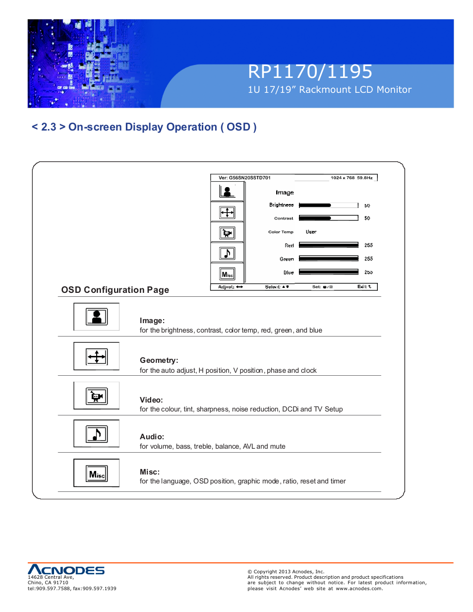 3 > on-screen display operation ( osd ), Osd configuration page | Acnodes RP 1195 User Manual | Page 11 / 15