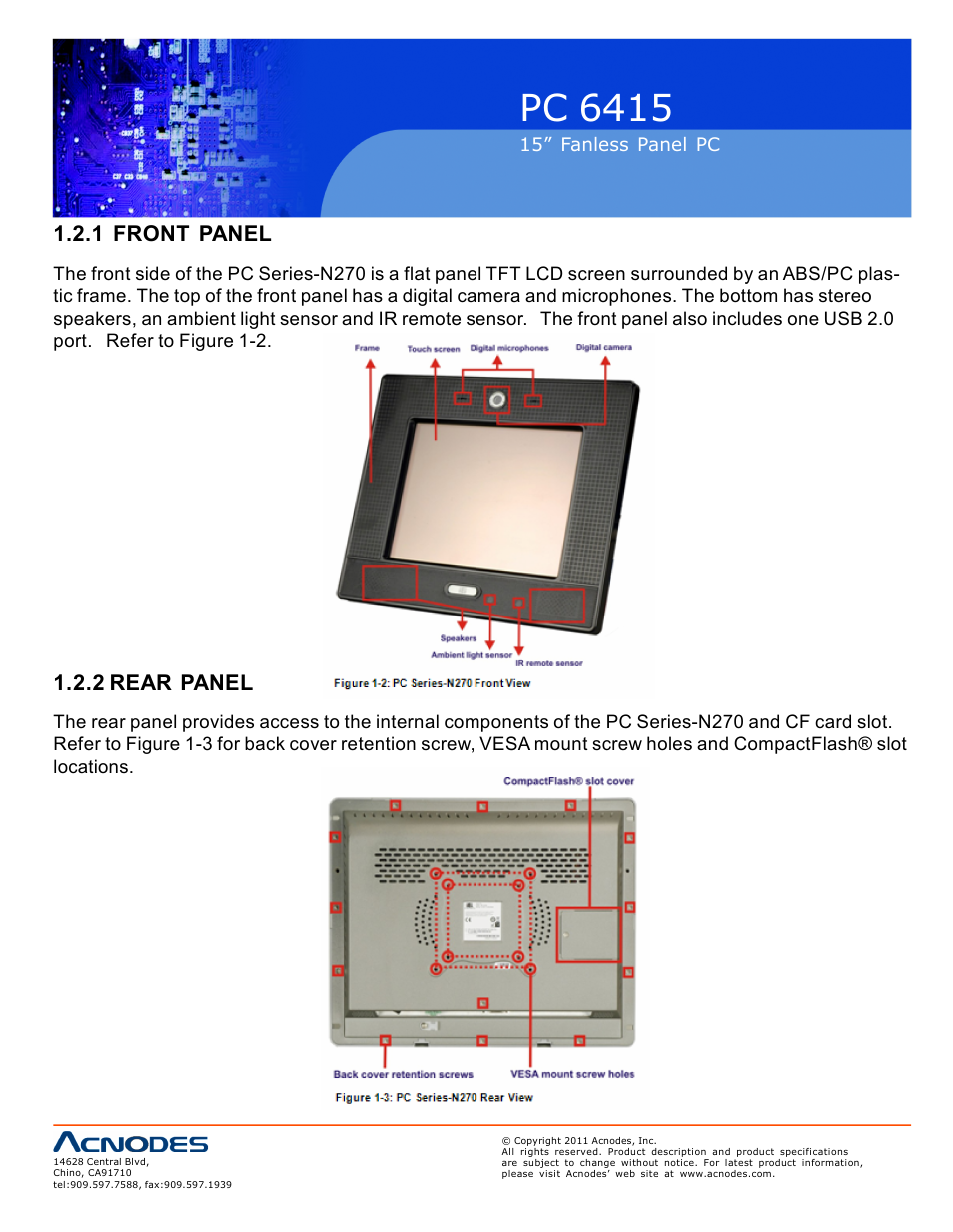 Pc 6415, 1 front panel, 2 rear panel | Acnodes PC 6415 User Manual | Page 10 / 107