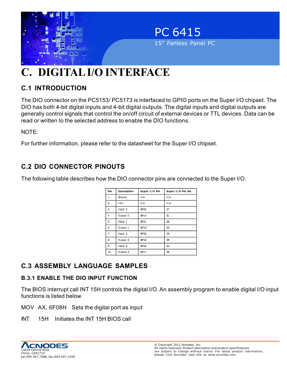Pc 6415, C. digital i/o interface, C.1 introduction | C.2 dio connector pinouts, C.3 assembly language samples | Acnodes PC 6415 User Manual | Page 103 / 107