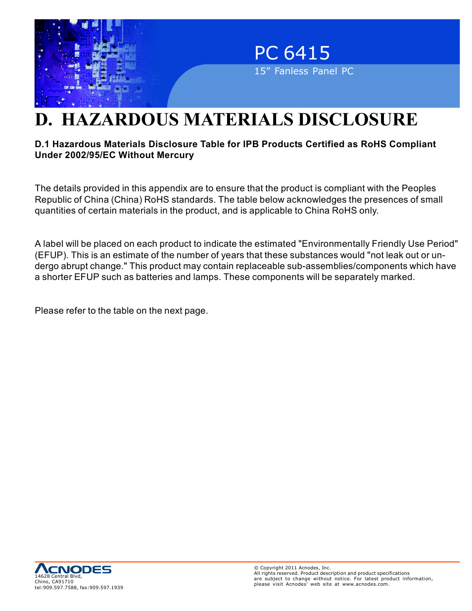 Pc 6415, D. hazardous materials disclosure | Acnodes PC 6415 User Manual | Page 105 / 107