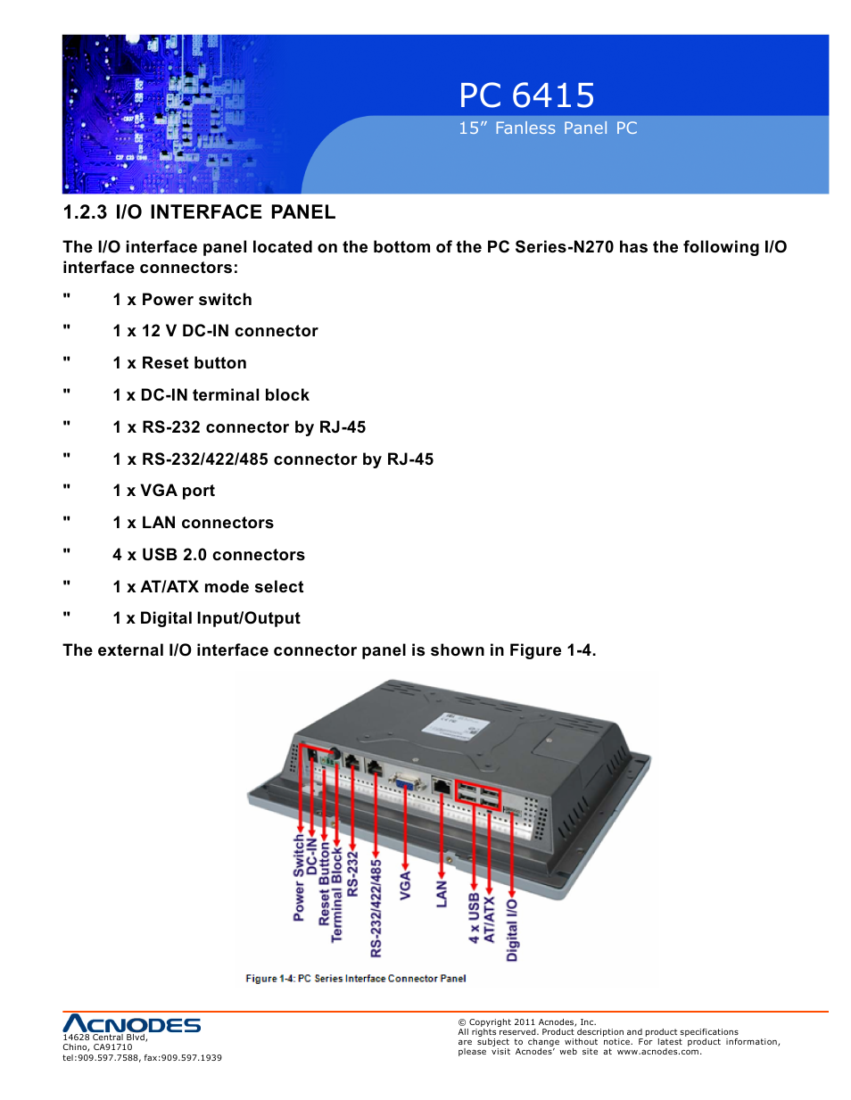 Pc 6415, 3 i/o interface panel | Acnodes PC 6415 User Manual | Page 11 / 107
