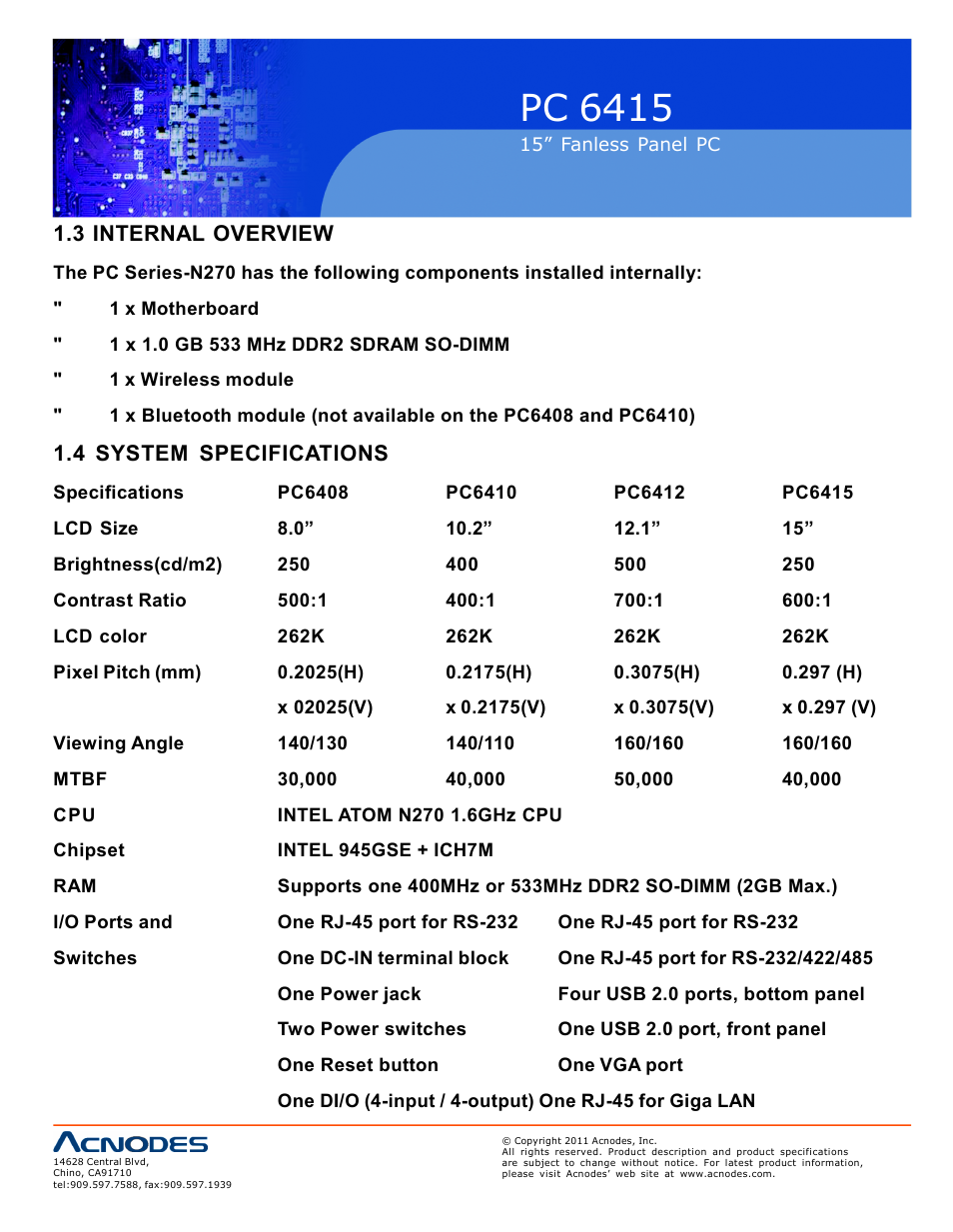 Pc 6415, 3 internal overview, 4 system specifications | Acnodes PC 6415 User Manual | Page 12 / 107