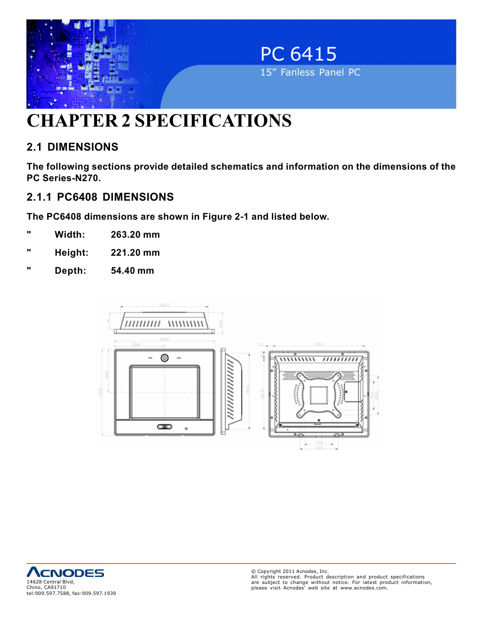 Pc 6415, Chapter 2 specifications, 1 dimensions | Acnodes PC 6415 User Manual | Page 14 / 107