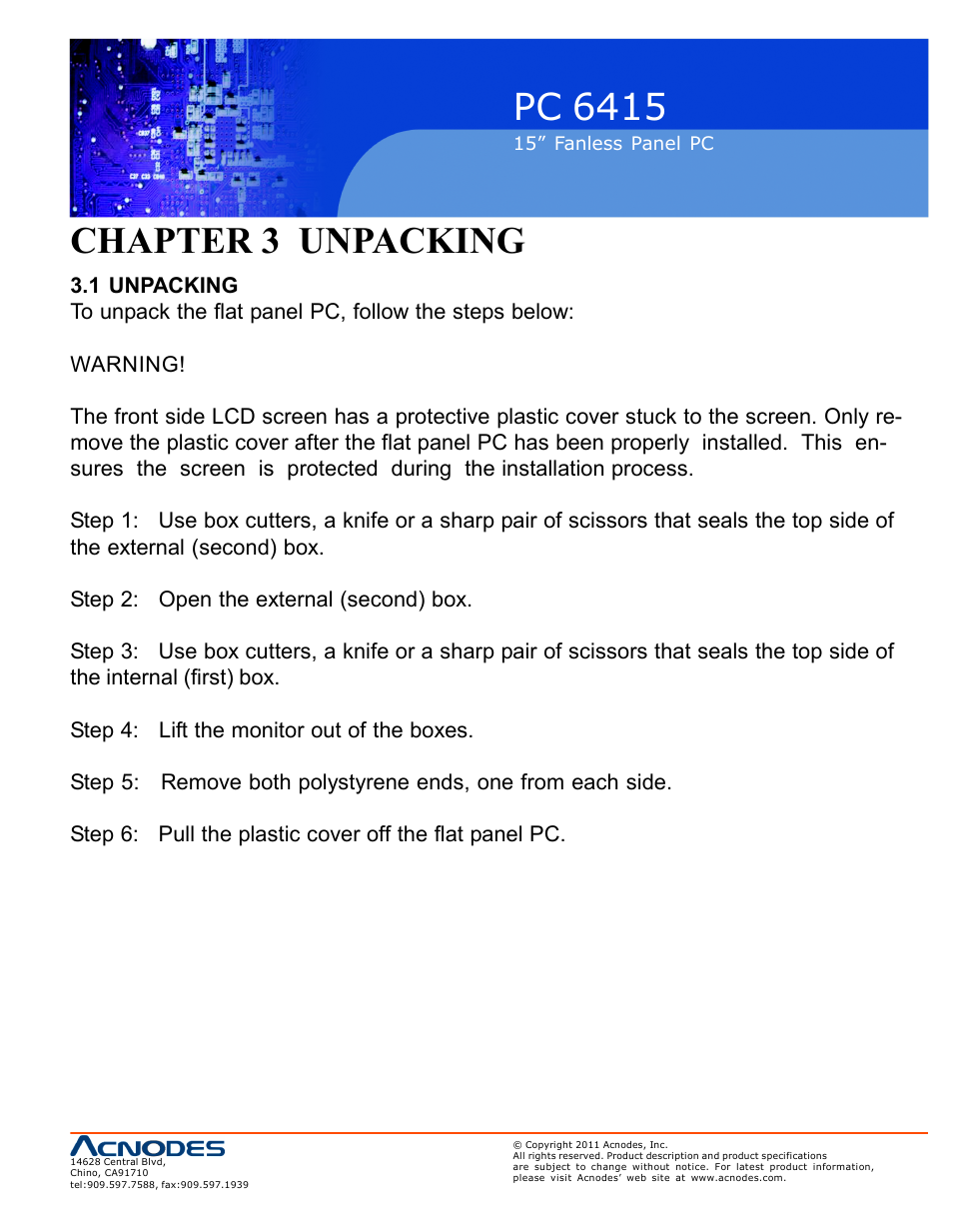 Pc 6415, Chapter 3 unpacking | Acnodes PC 6415 User Manual | Page 25 / 107