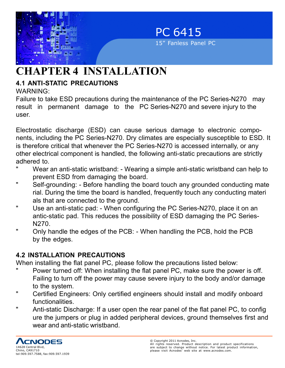 Pc 6415, Chapter 4 installation | Acnodes PC 6415 User Manual | Page 26 / 107