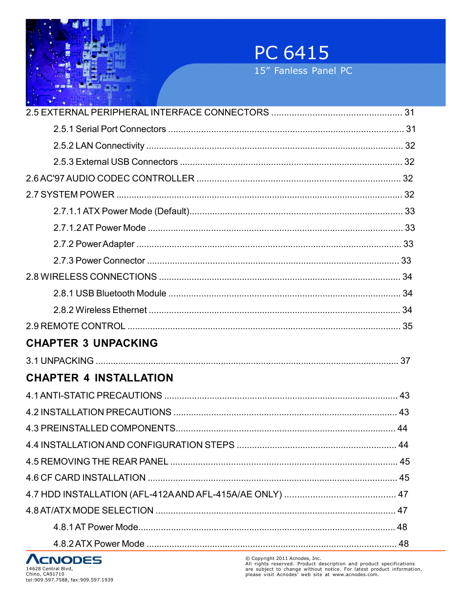 Pc 6415, Chapter 3 unpacking, Chapter 4 installation | Acnodes PC 6415 User Manual | Page 4 / 107