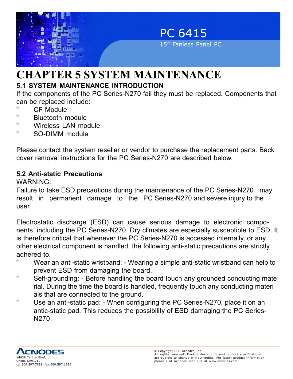 Pc 6415, Chapter 5 system mai ntenance | Acnodes PC 6415 User Manual | Page 48 / 107