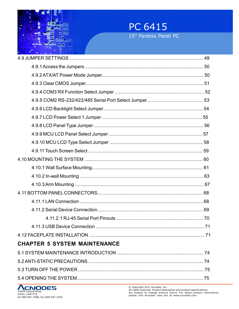 Pc 6415, Chapter 5 system maintenance | Acnodes PC 6415 User Manual | Page 5 / 107