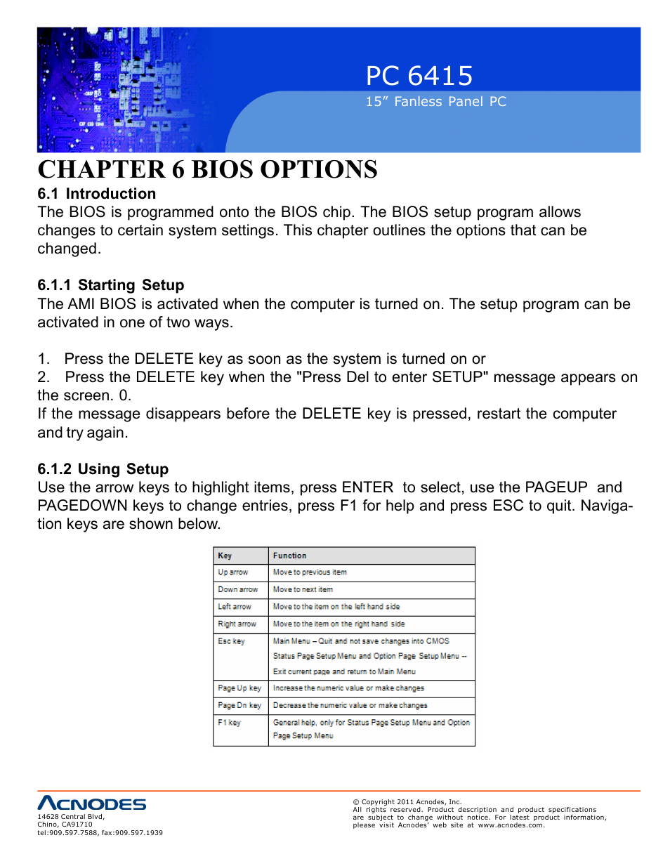 Pc 6415, Chapter 6 bios options | Acnodes PC 6415 User Manual | Page 52 / 107