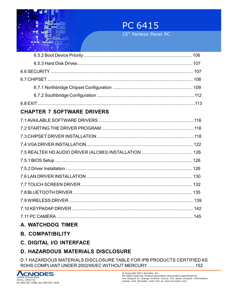 Pc 6415, Chapter 7 software drivers | Acnodes PC 6415 User Manual | Page 7 / 107