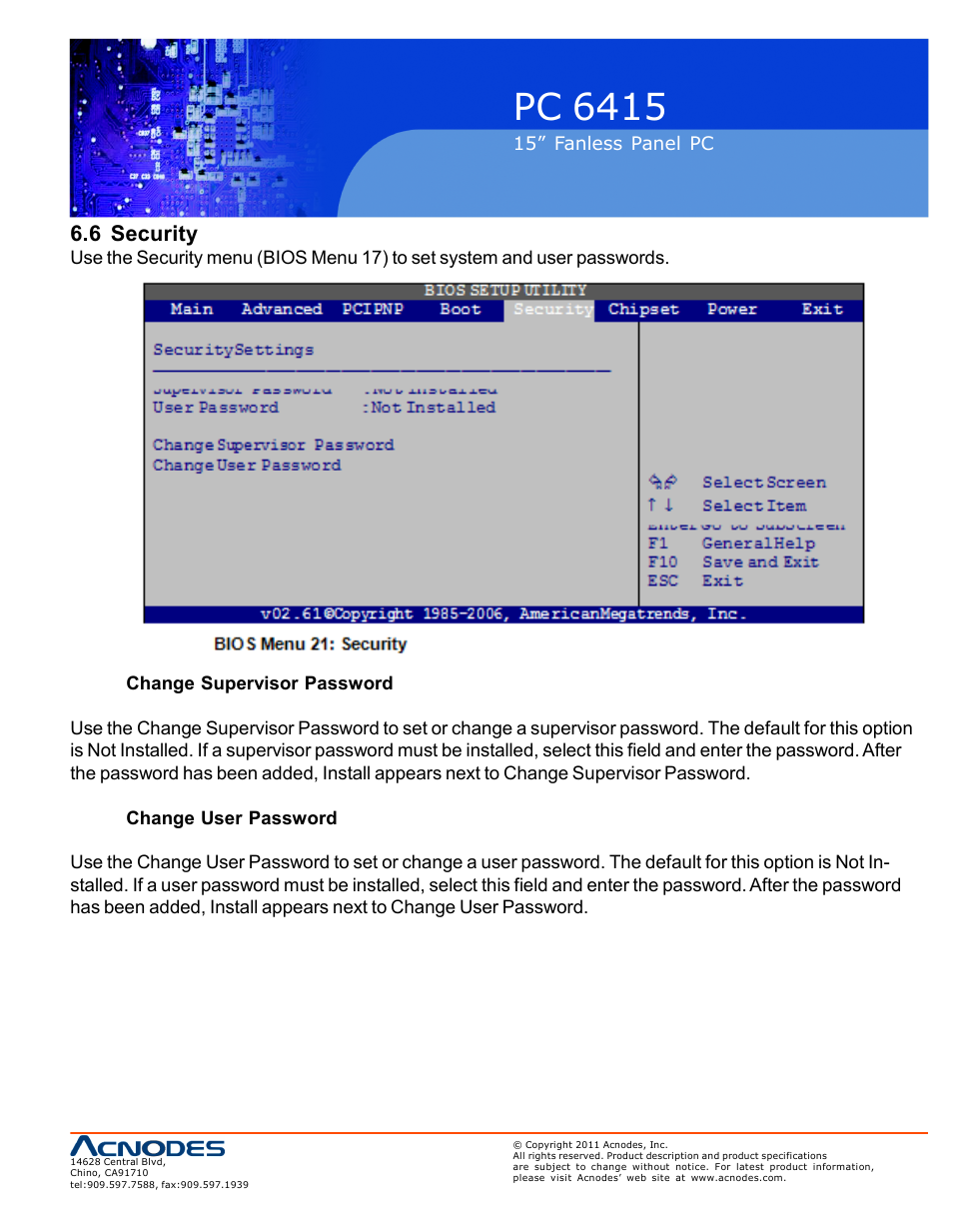 Pc 6415, 6 security | Acnodes PC 6415 User Manual | Page 79 / 107