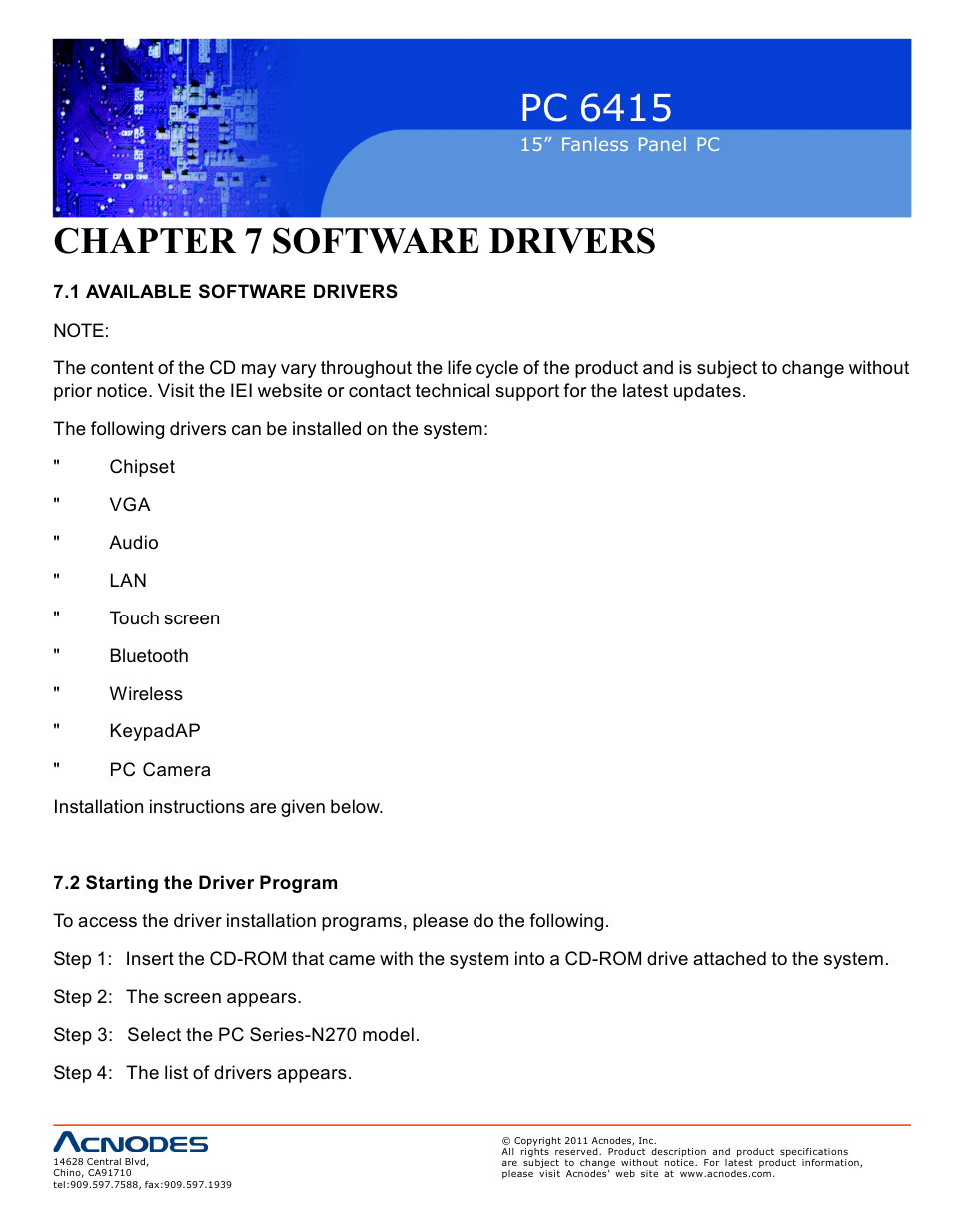 Pc 6415, Chapter 7 software drivers | Acnodes PC 6415 User Manual | Page 84 / 107