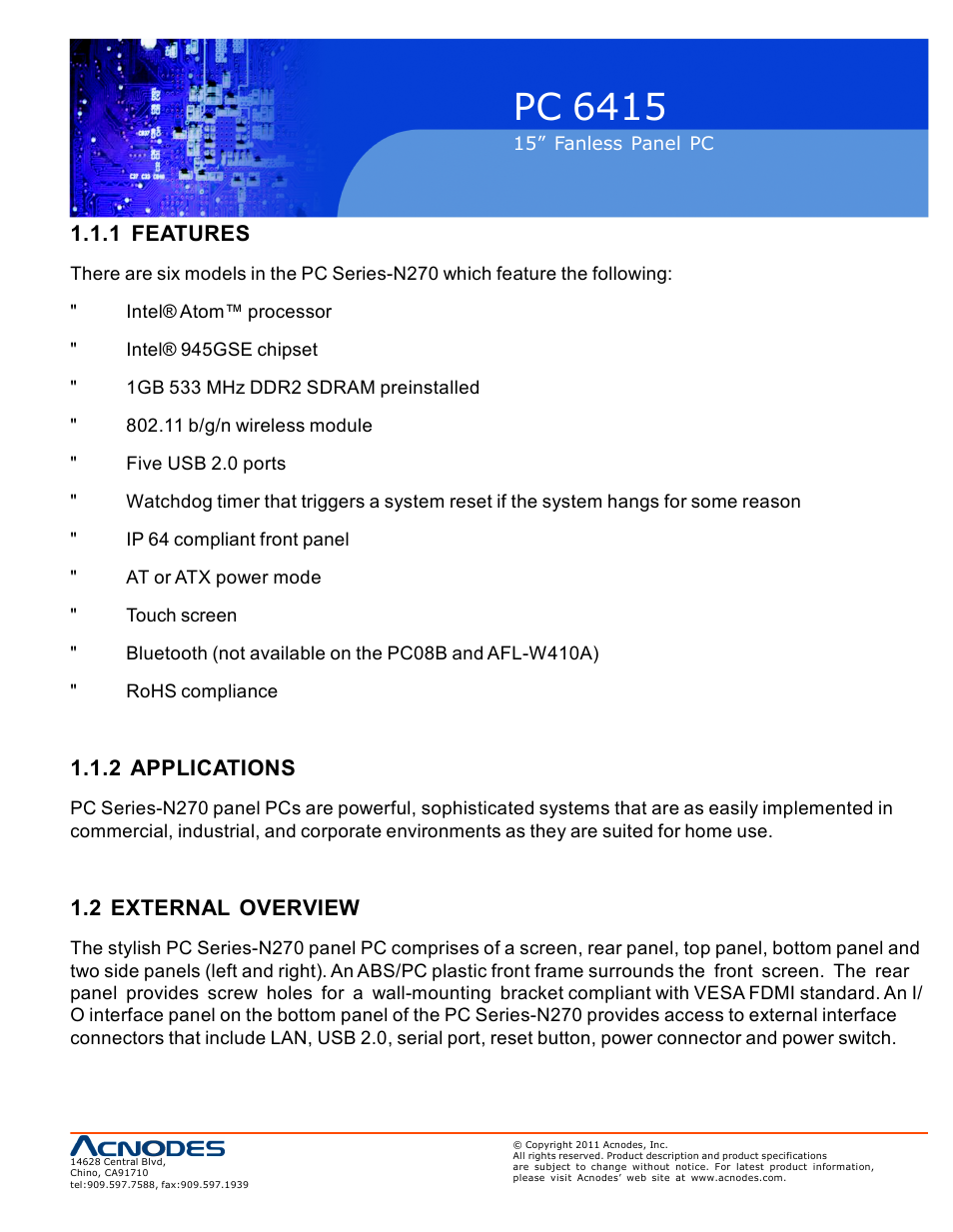 Pc 6415, 1 features, 2 applications | 2 external overview | Acnodes PC 6415 User Manual | Page 9 / 107