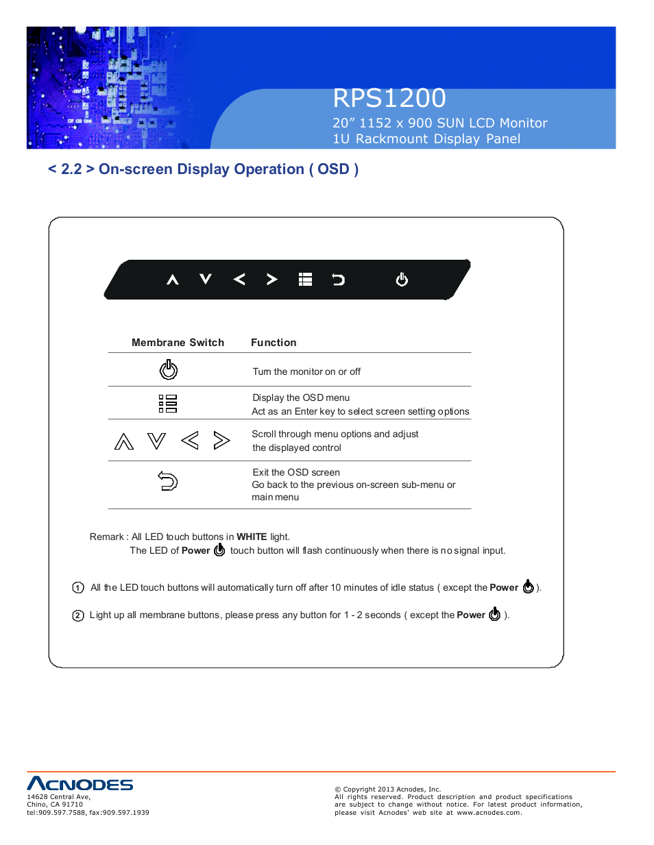 Rps1200, 2 > on-screen display operation ( osd ) | Acnodes RPS 1200 User Manual | Page 10 / 12