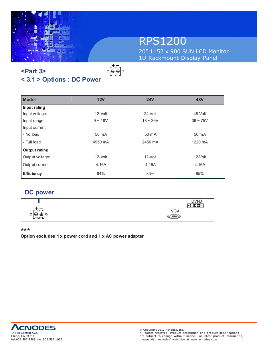 Rps1200, Part 3> < 3.1 > options : dc power, Dc power | Acnodes RPS 1200 User Manual | Page 12 / 12