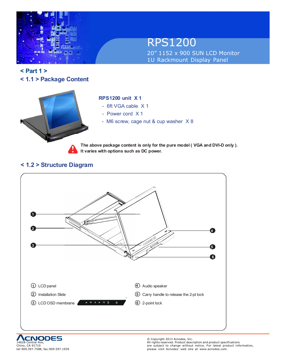 Rps1200, Part 1 > < 1.1 > package content, 2 > structure diagram | Acnodes RPS 1200 User Manual | Page 5 / 12