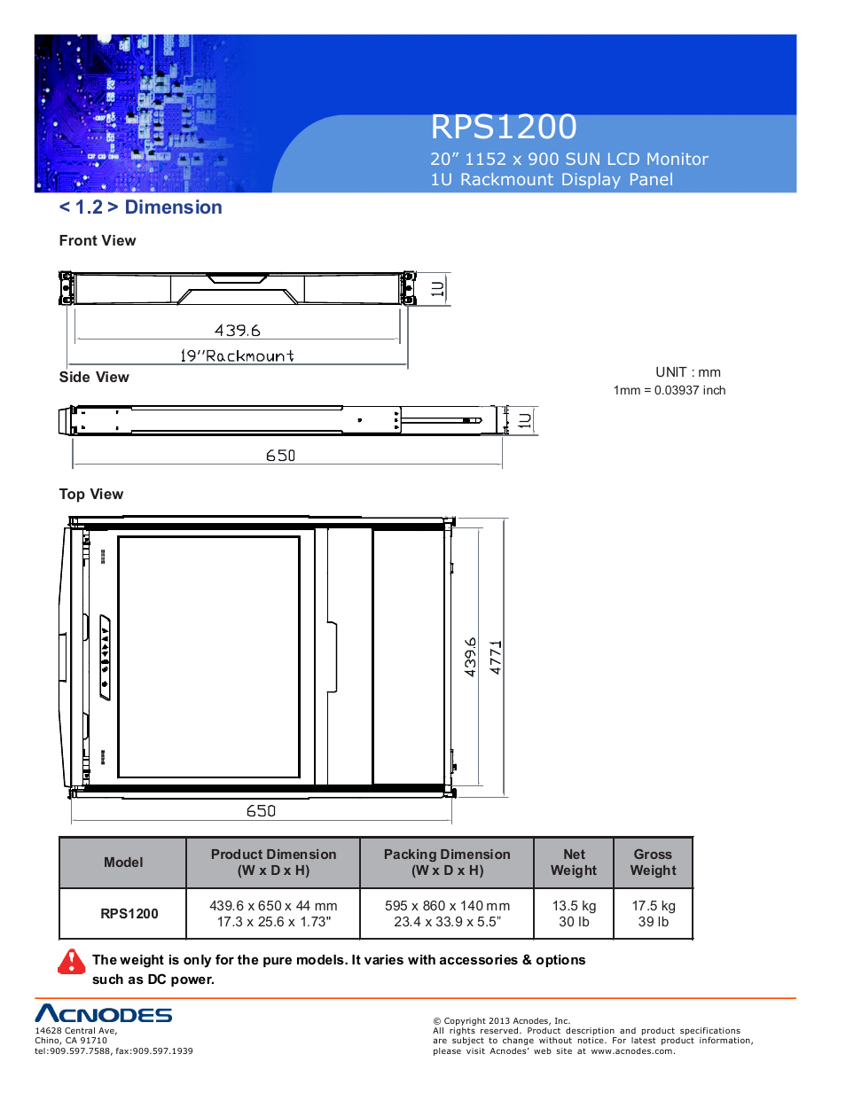 Rps1200, 2 > dimension | Acnodes RPS 1200 User Manual | Page 6 / 12