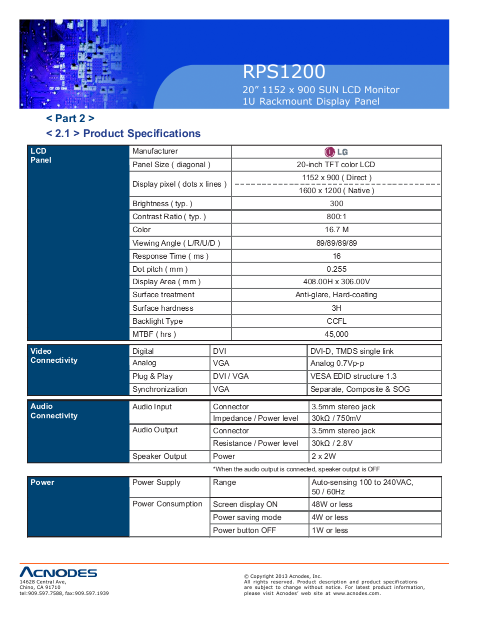 Rps1200, Part 2 > < 2.1 > product specifications | Acnodes RPS 1200 User Manual | Page 8 / 12