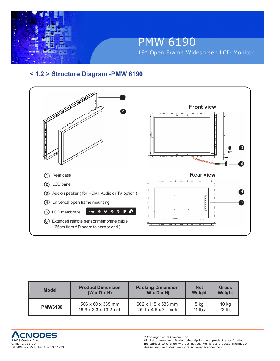 Pmw 6190, Op-w19, 19” open frame widescreen lcd monitor | Front view, Rear view | Acnodes PMW 6190 User Manual | Page 6 / 23