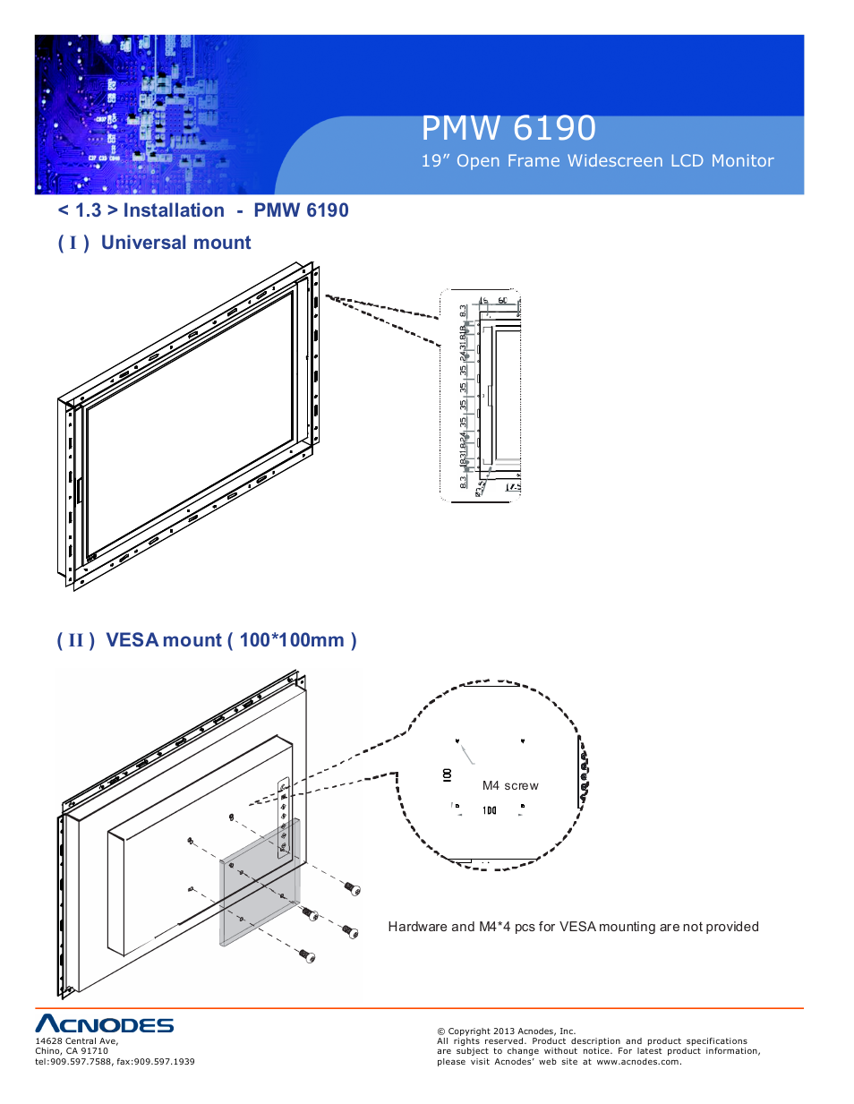 Pmw 6190, 19” open frame widescreen lcd monitor | Acnodes PMW 6190 User Manual | Page 8 / 23