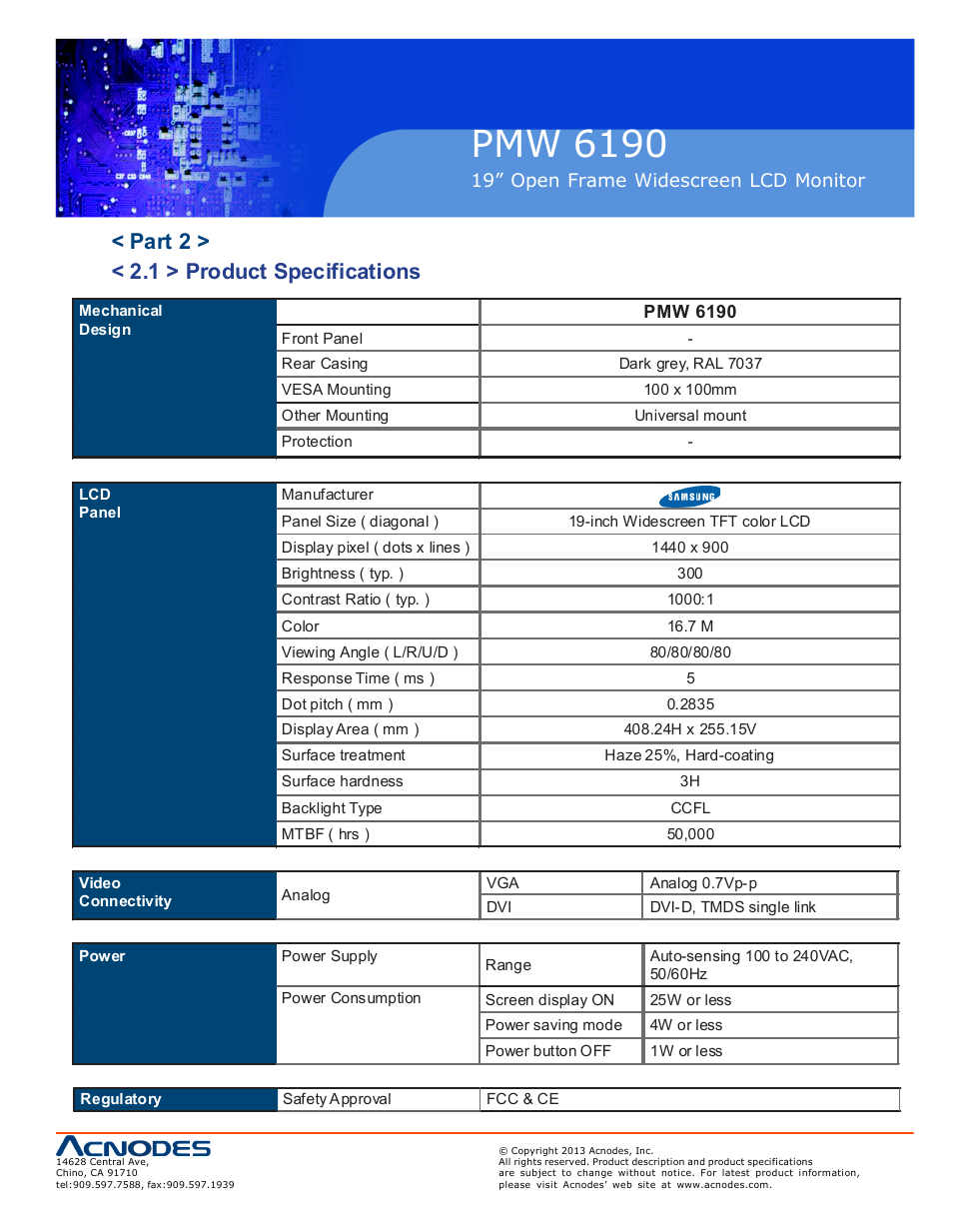 Pmw 6190, Part 2 > < 2.1 > product specifications | Acnodes PMW 6190 User Manual | Page 9 / 23