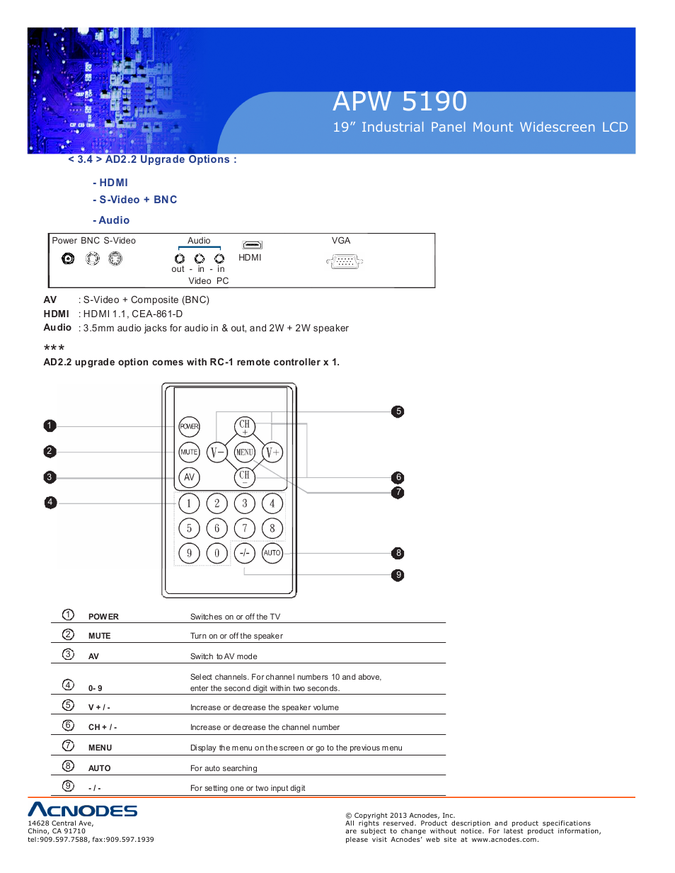 Apw 5190, 19” industrial panel mount widescreen lcd | Acnodes APW 5190 User Manual | Page 16 / 24