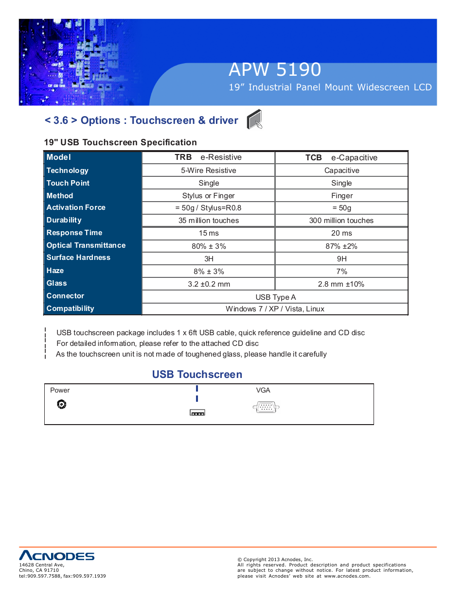 Apw 5190, 6 > options : touchscreen & driver, Usb touchscreen | Acnodes APW 5190 User Manual | Page 18 / 24