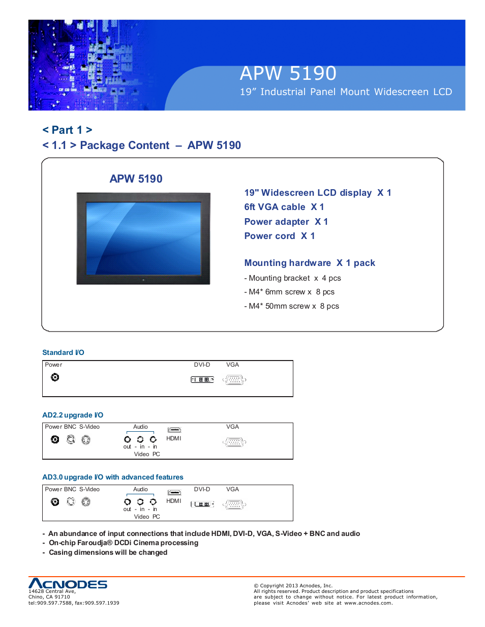 Apw 5190, 19” industrial panel mount widescreen lcd | Acnodes APW 5190 User Manual | Page 5 / 24