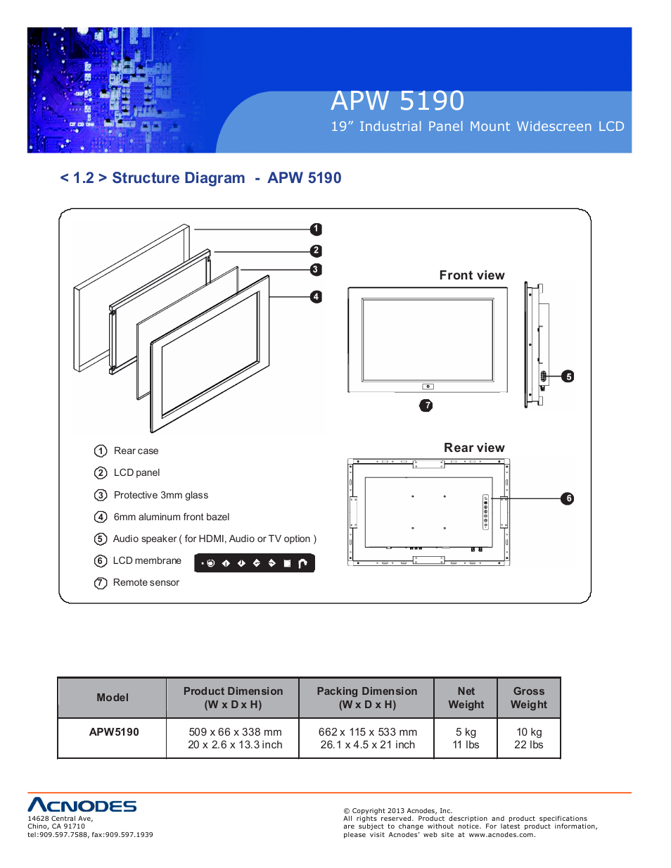 Apw 5190, Ap-w19 nap-w19, 19” industrial panel mount widescreen lcd | Front view, Rear view | Acnodes APW 5190 User Manual | Page 6 / 24