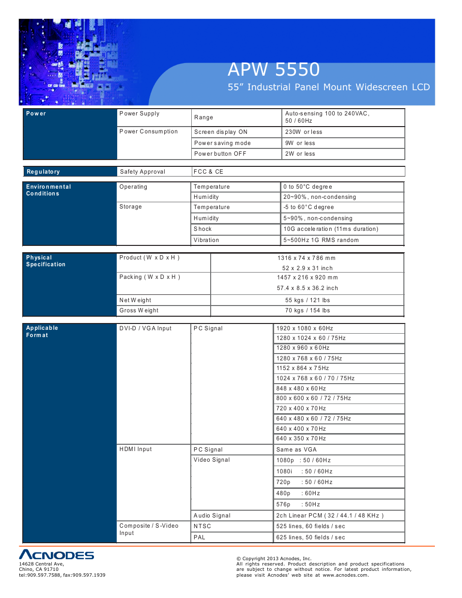 Apw 5550, 55” industrial panel mount widescreen lcd | Acnodes APW 5550 User Manual | Page 10 / 18