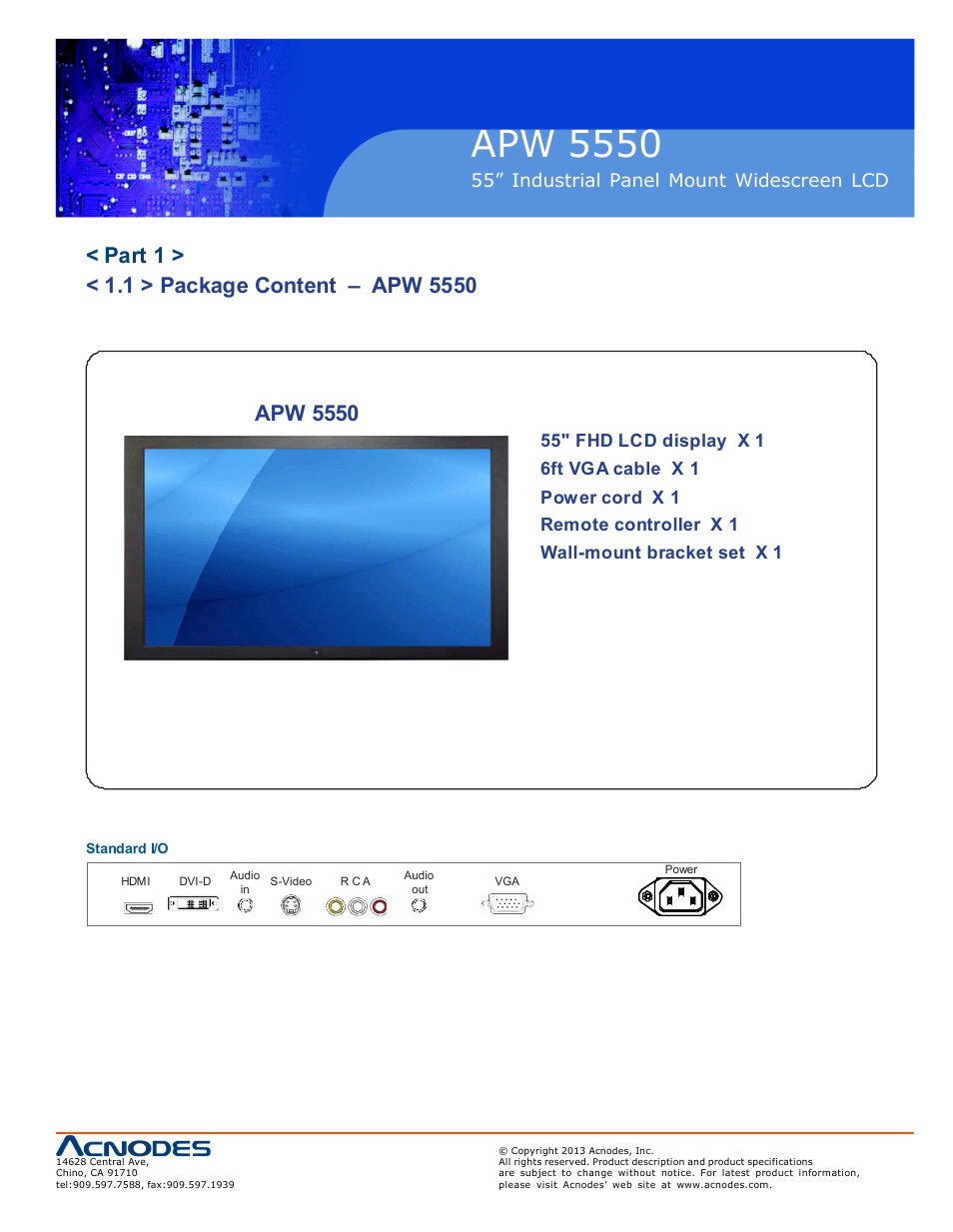 Apw 5550, 55” industrial panel mount widescreen lcd | Acnodes APW 5550 User Manual | Page 5 / 18