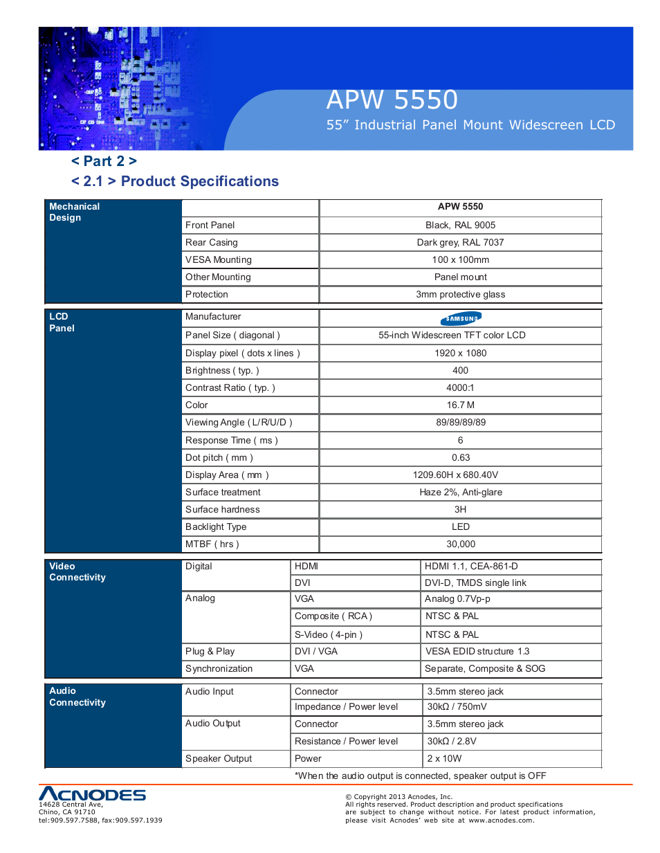 Apw 5550, Part 2 > < 2.1 > product specifications, 55” industrial panel mount widescreen lcd | Acnodes APW 5550 User Manual | Page 9 / 18