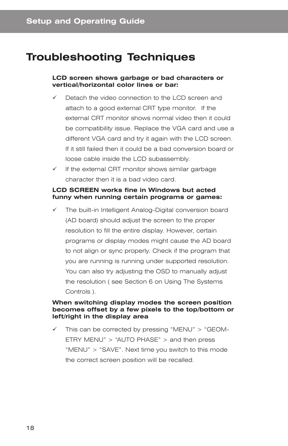Troubleshooting techniques, Setup and operating guide | Acnodes KD 5154 User Manual | Page 22 / 23