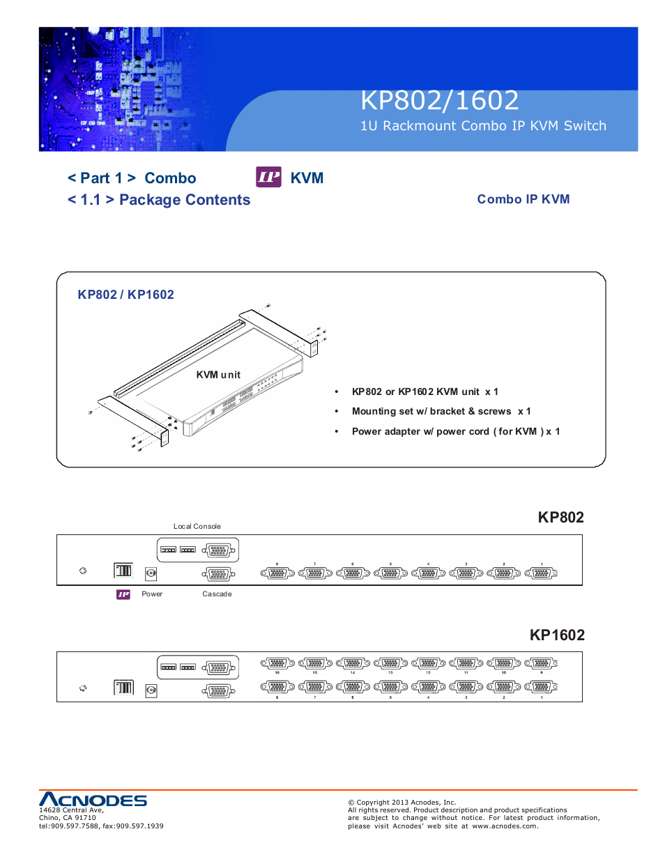 Part 1 > combo kvm < 1.1 > package contents, Kp802, Kp1602 | Acnodes KP 802 User Manual | Page 5 / 14