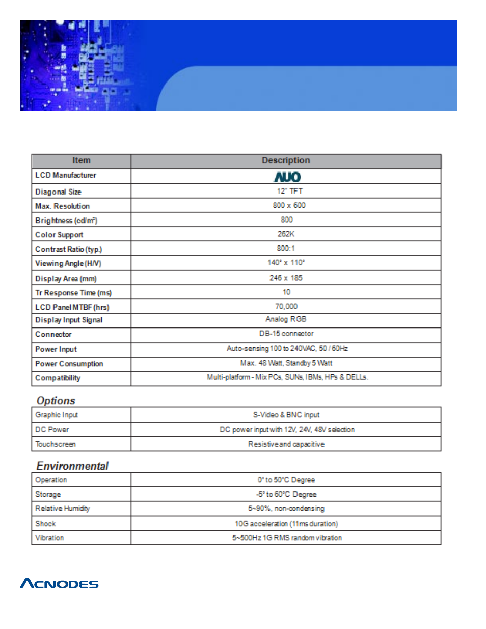 Chapter 4 operation, 1 lcd specifications | Acnodes APH 8120 User Manual | Page 12 / 25