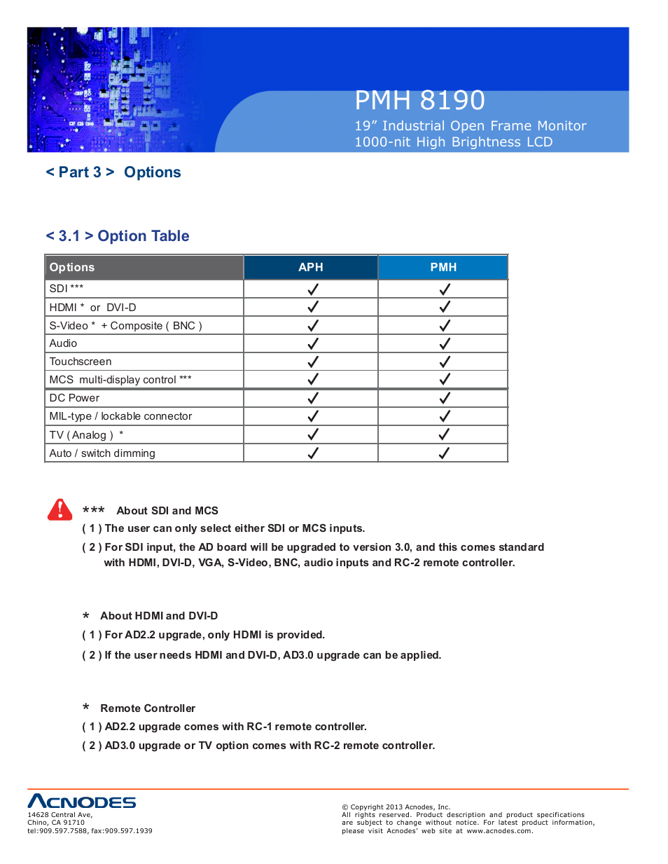 Pmh 81 90, Part 3 > options < 3.1 > option table | Acnodes PMH 8190 User Manual | Page 12 / 23